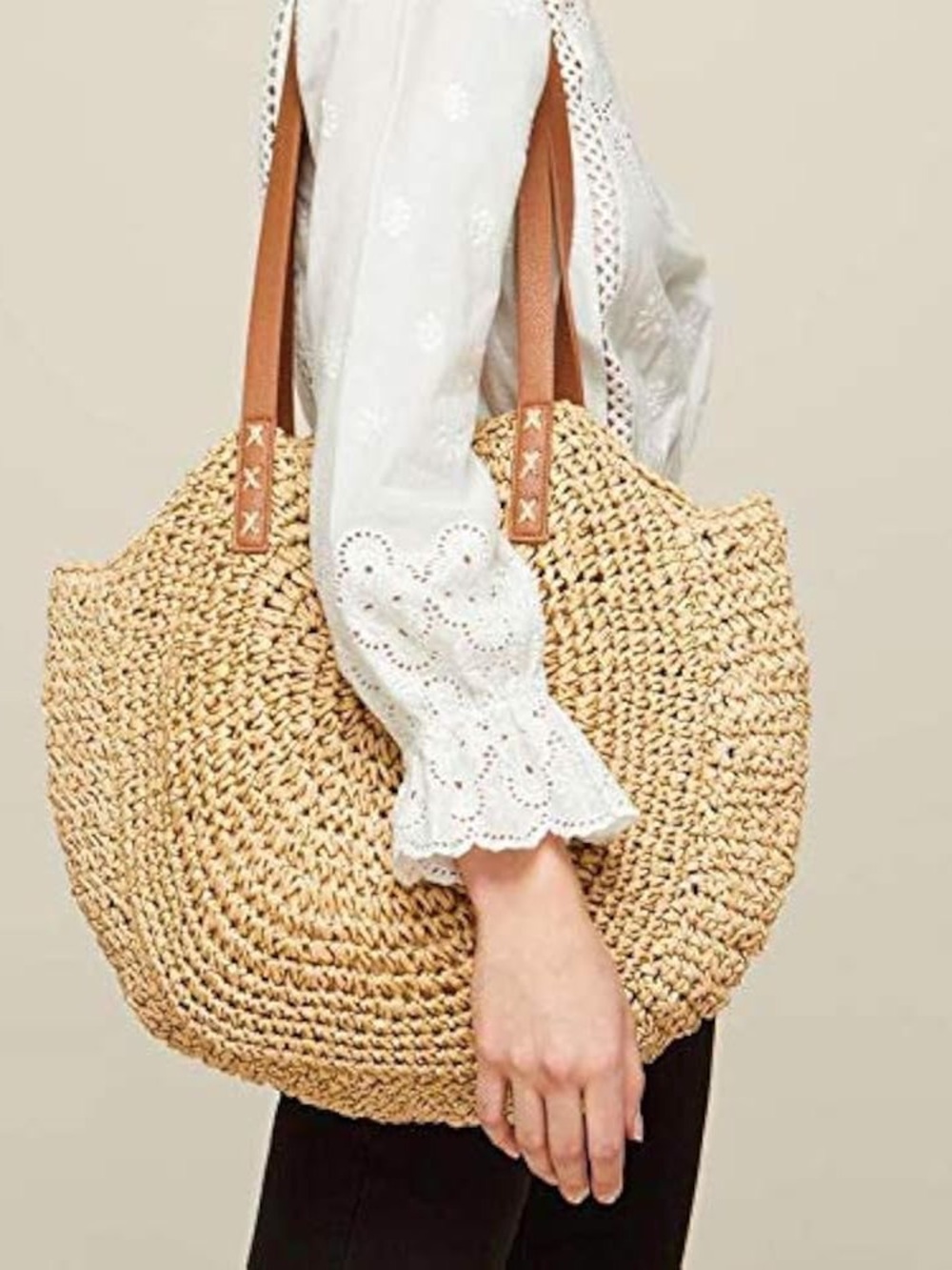 Summer Round Tote Bag Straw shoulder bag Beige